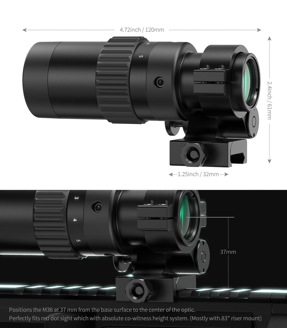 Hawkway M36 1.5X-5X Adjustment Red Dot Magnifier With Left Flip Mount